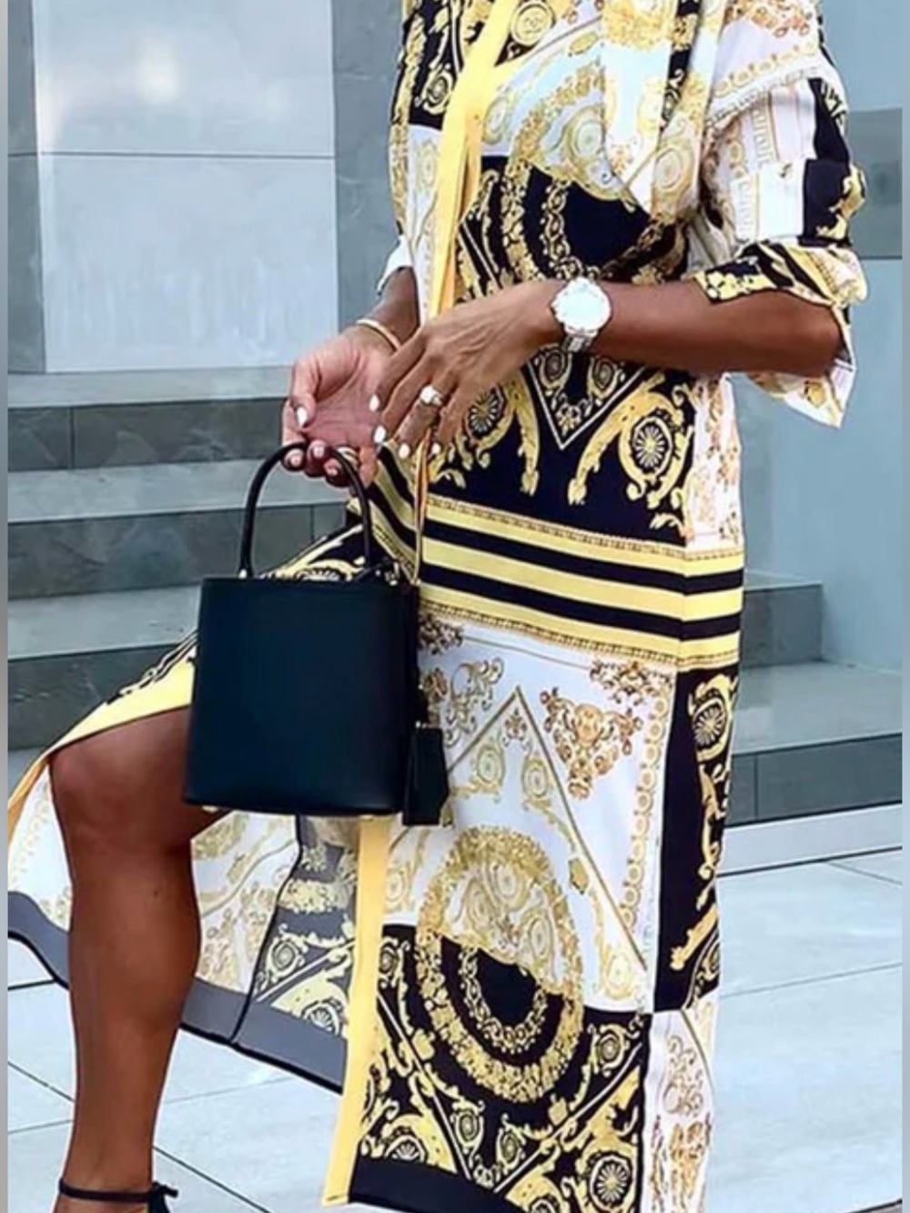STYLEWE Baroque-Print Shirt Midi Dress in Black, White & Yellow